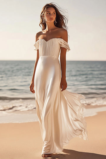 Off The Shoulder Sheath Satin Long White Dress